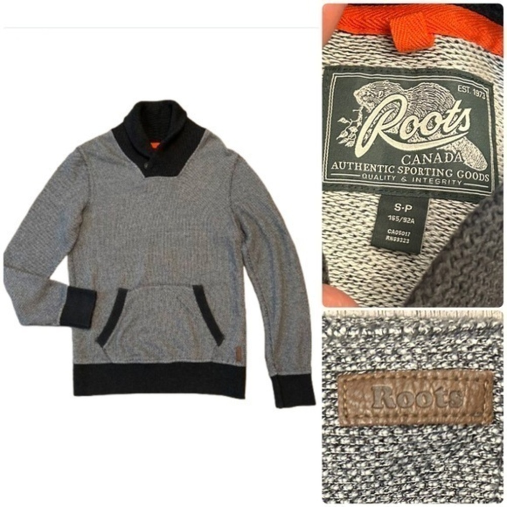 Roots Canada 🇨🇦 Gray and Black Crewneck 100 % Cotton Mens Cozy Classic Sweater